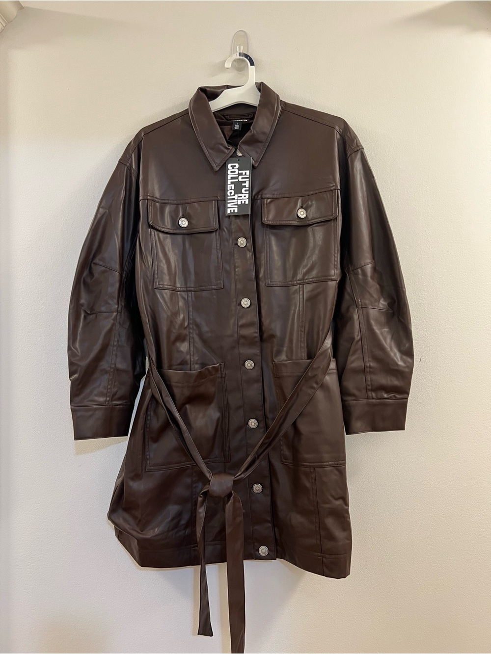 Women's Long Sleeve Faux Leather Mini Shirtdress - Future Collective Brown - Picture 12 of 14